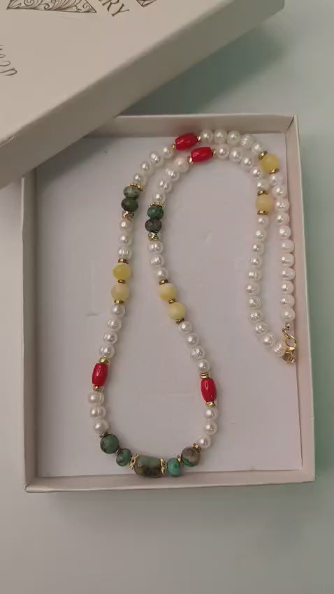 שרשרת פנינים טורקיז וקורל